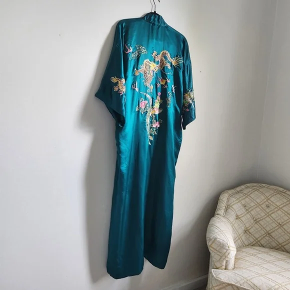 Vintage Silk Robe Phoenix Dragon Motif Teal Blue Medium